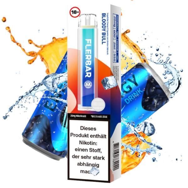Bloody Bull mit 20mg Nikotin Flerbar E-Shisha Flerbar Bloody Bull 20mg Vape vor spritzenden Getränkedosen mit Warnhinweis über Nikotinabhängigkeit, kontrastreiche Farben
