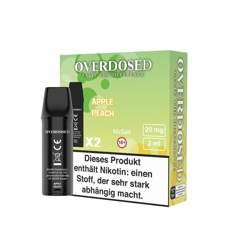 Apple Peach 20mg - Overdosed Pods Overdosed Pods Apple Peach 20mg Packung mit zwei schwarzen 2ml Kartuschen, Warnhinweis zur Nikotinsucht auf der Verpackung.