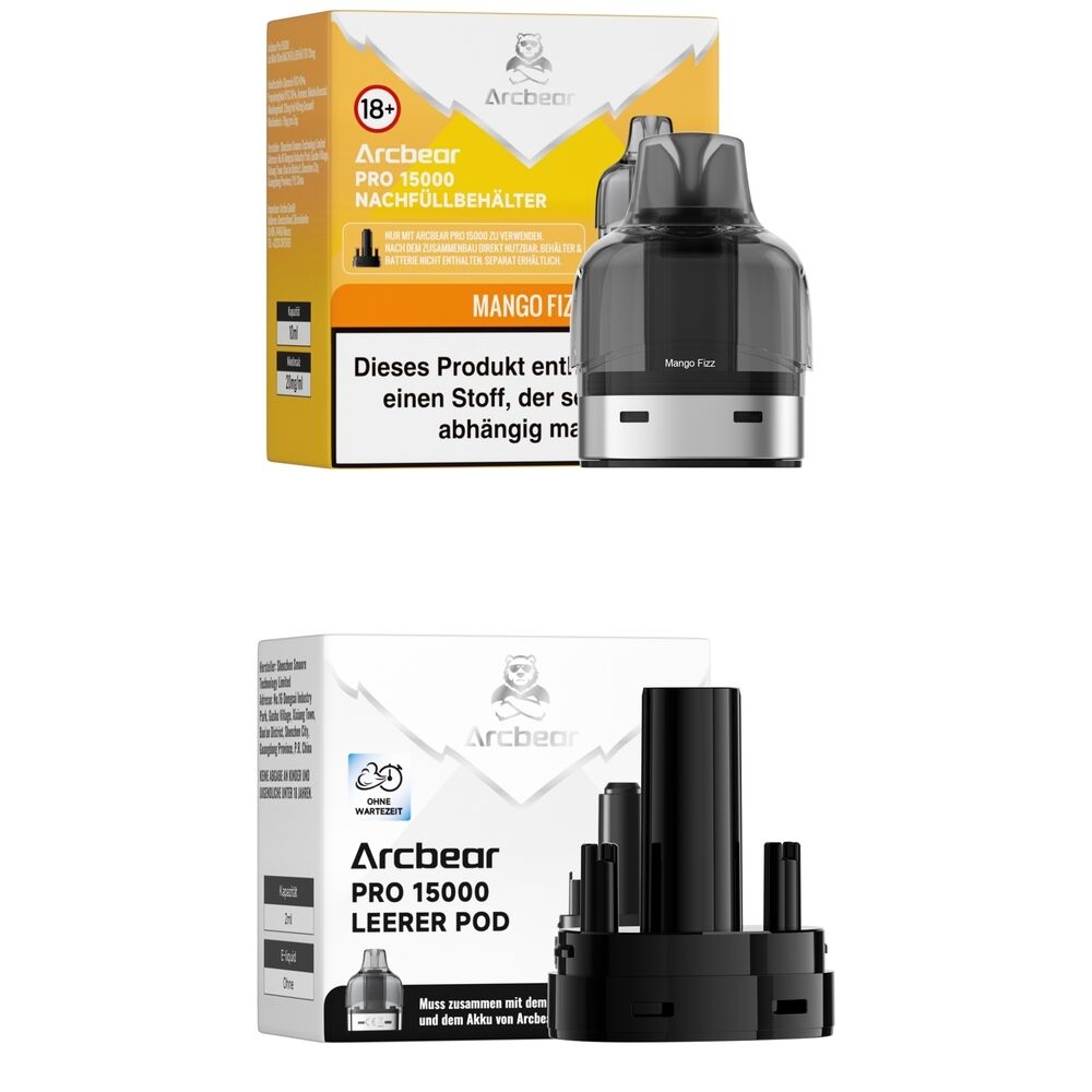 Arcbear Pro 15000 Pods Mango Fizz 20mg Nachfüllbehälter, Verpackung mit Warnhinweis, separater leerer Pod mit 20Züge-Symbol.
