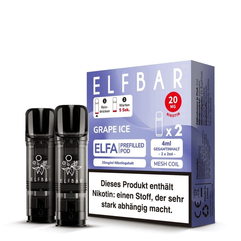 Grape Ice Elfa Pods von Elfbar 20mg Elfbar ELFA Pods Grape Ice 20mg-Packung mit zwei schwarzen Nachfüllkapseln, Warnhinweis zu Nikotinabhängigkeit sichtbar.