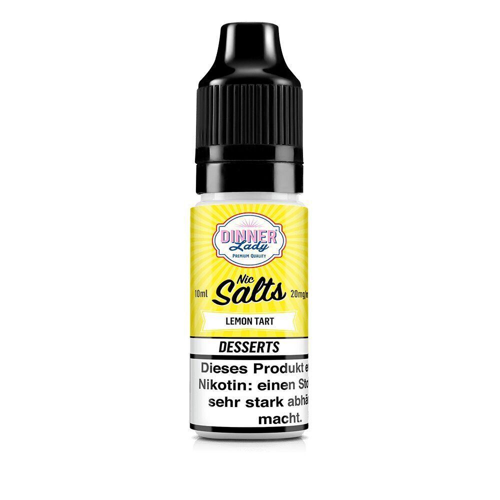Flasche Dinner Lady Nic Salts Lemon Tart 20mg Nikotinsalz mit gelbem Etikett und Warnhinweis über Nikotin.