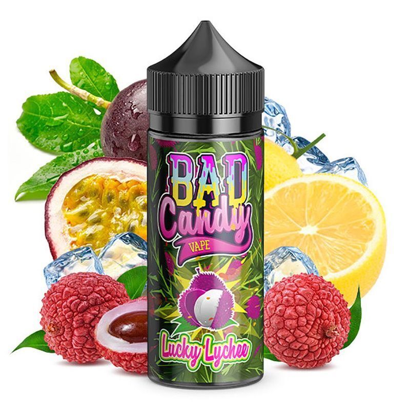 Aroma Lucky Lychee von Bad Candy Bad Candy Aroma - Lucky Lychee Flasche umgeben von Litschi, Zitronen, Passionsfrucht, Eiswürfeln und grünen Blättern
