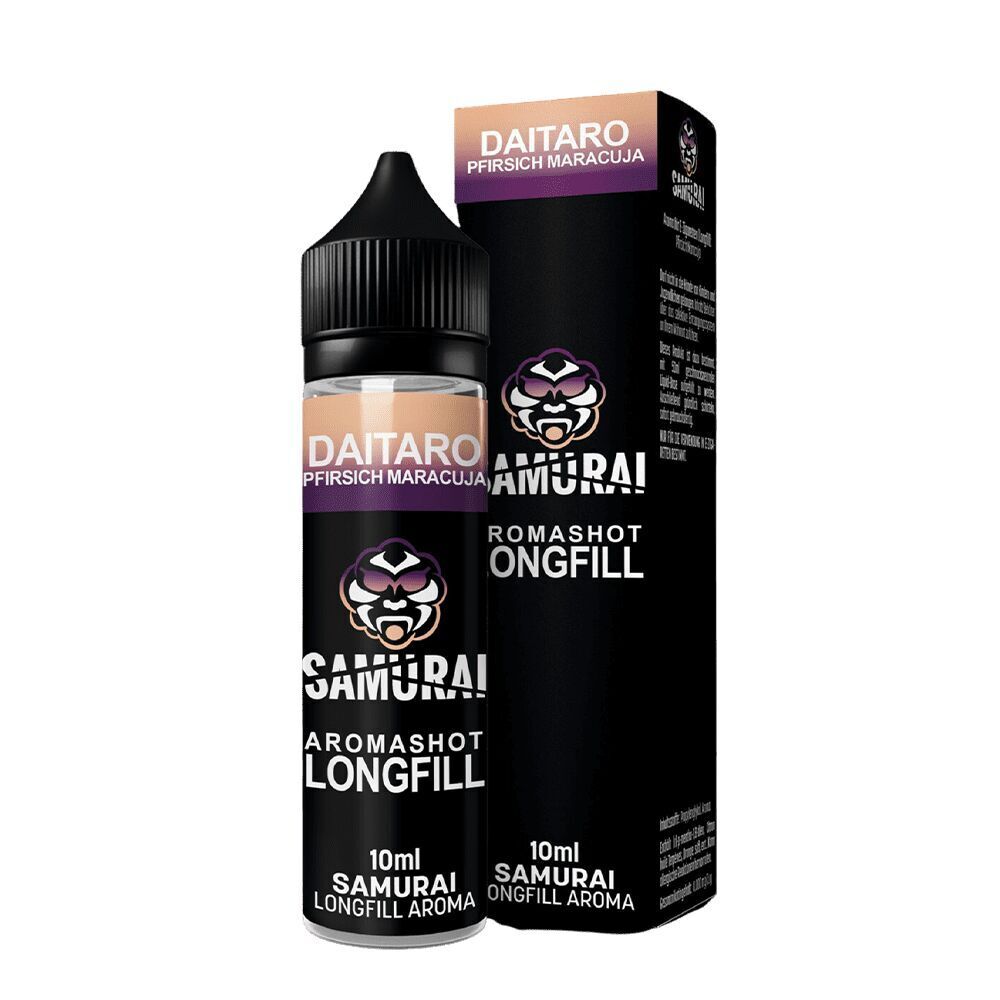 Aroma Daitaro Pfirsich Maracuja - Samurai Samurai Aroma Longfill Daitaro Pfirsich Maracuja Flasche und Verpackung mit Gesichtssymbol, 10ml Aromashot für E-Zigaretten