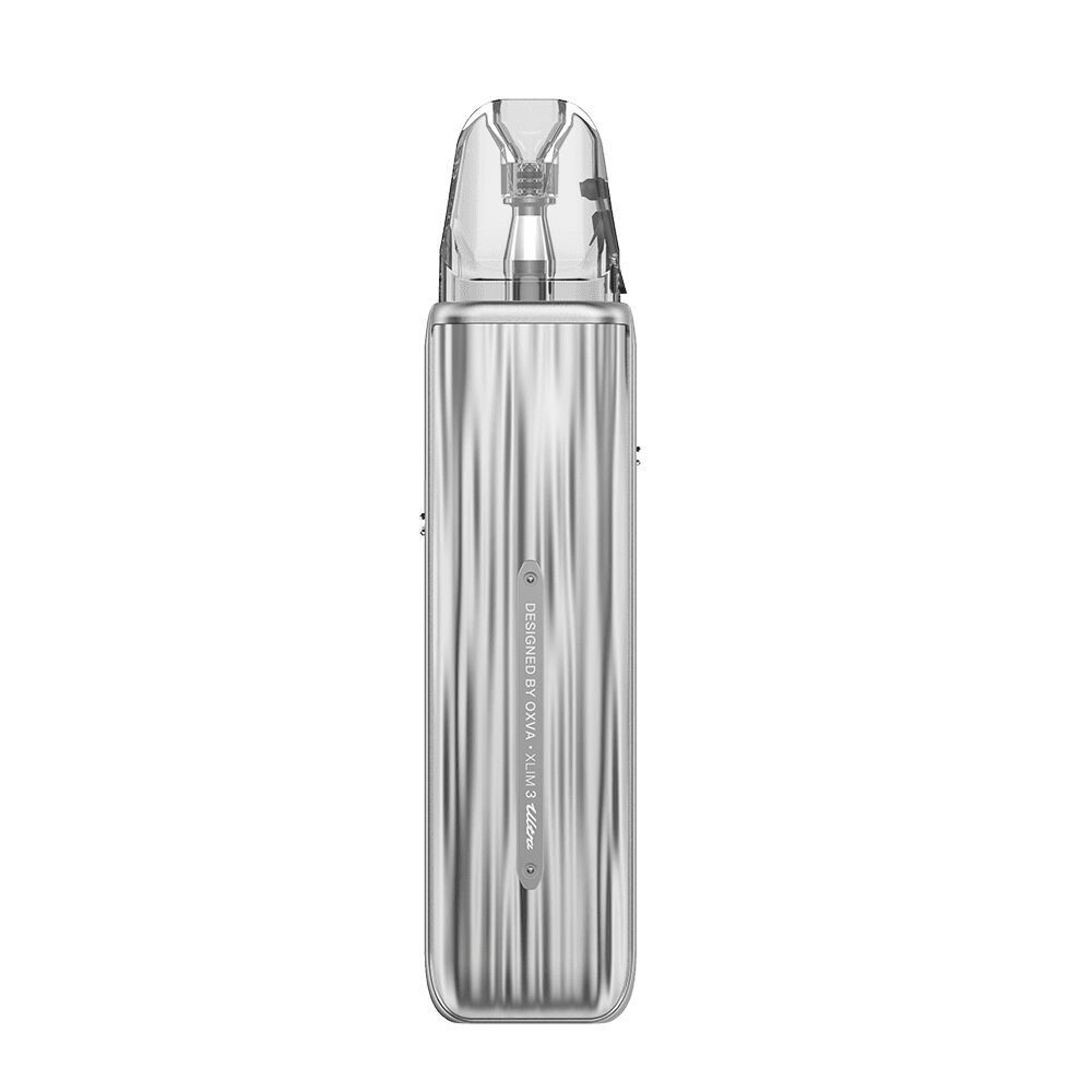 Oxva Xlim 3 Ultra Pod Kit in Metal Silver mit geriffelter Oberfläche, transparentem Pod und seitlichem Branding-Text