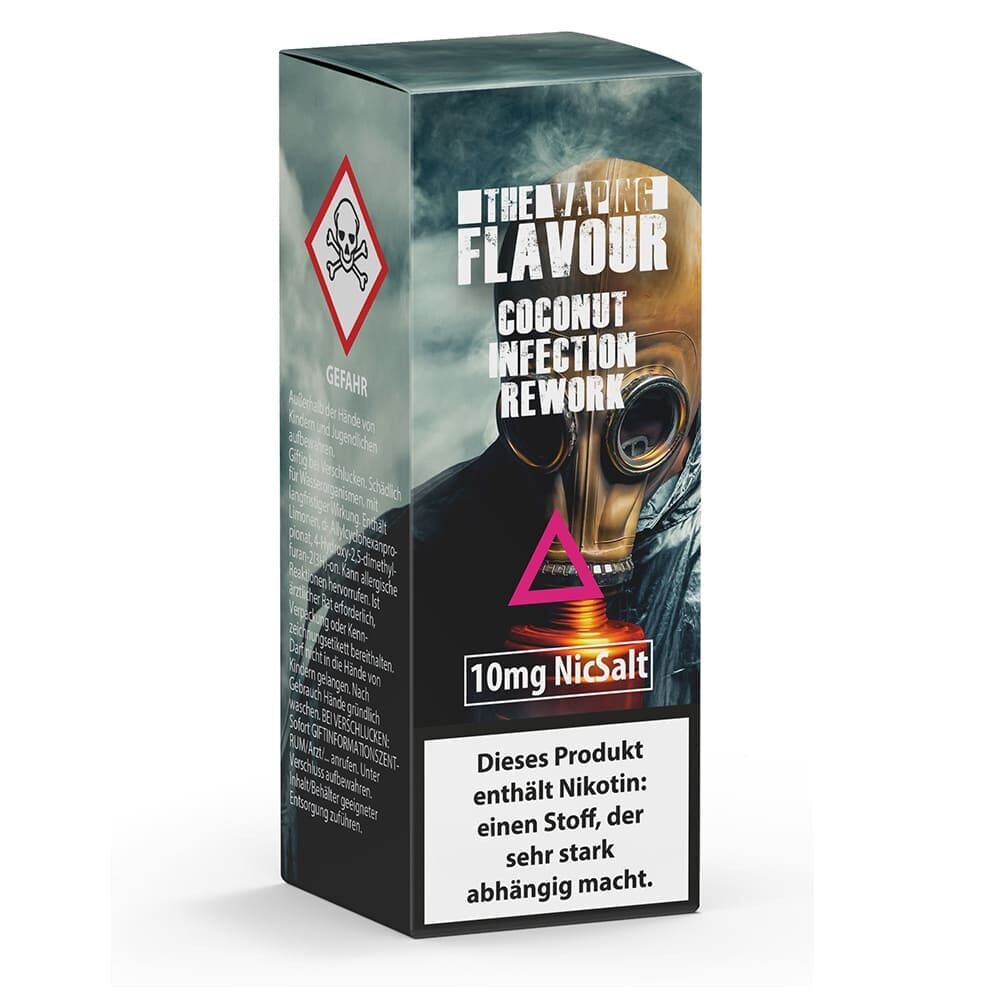 Coconut Infection Rework 10mg - The Vaping Flavour The Vaping Flavour Coconut Infection Rework 10mg Nikotinsalz Verpackung mit Warnhinweis und Gasmasken-Design.