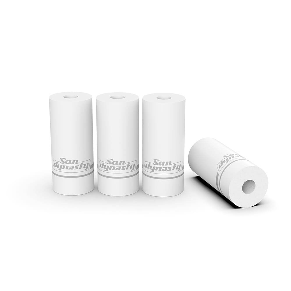 Orca Vape San Dynasty 510er Filter Vier weiße Orca Vape San Dynasty 510er Filter, drei aufrecht stehend, einer liegend mit Brandingaufschrift.