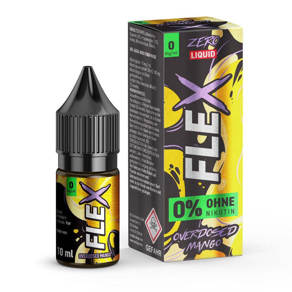 Revoltage Flex Nikotinsalz - Mango Revoltage Flex Liquid - Mango 0mg in einer kleinen Flasche neben einer Verpackung, beide mit gelbem Design und Text "0% ohne Nikotin".