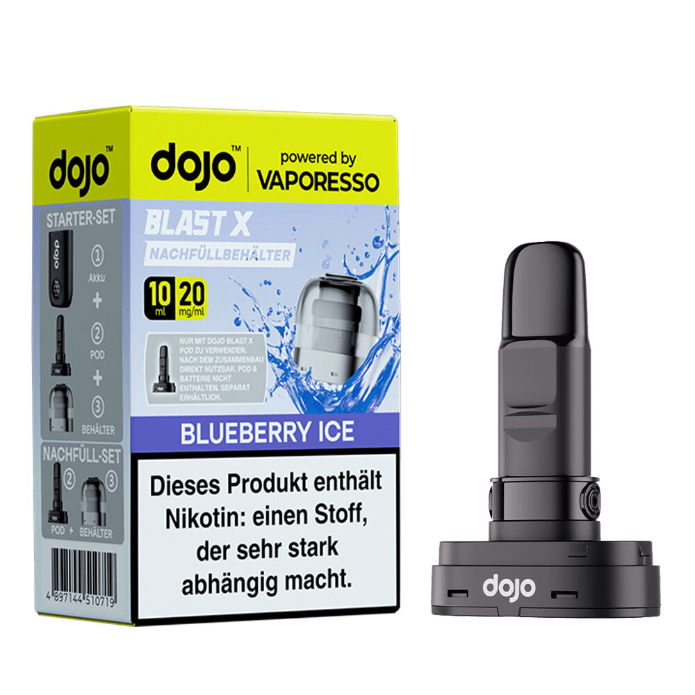 Vaporesso Dojo Blast X Pods - Blueberry Ice 20mg Vaporesso Dojo Blast X Nachfüllbehälter Verpackung mit Blueberry Ice Geschmack, auffälligem Nikotinwarnhinweis und Pod-Modul daneben