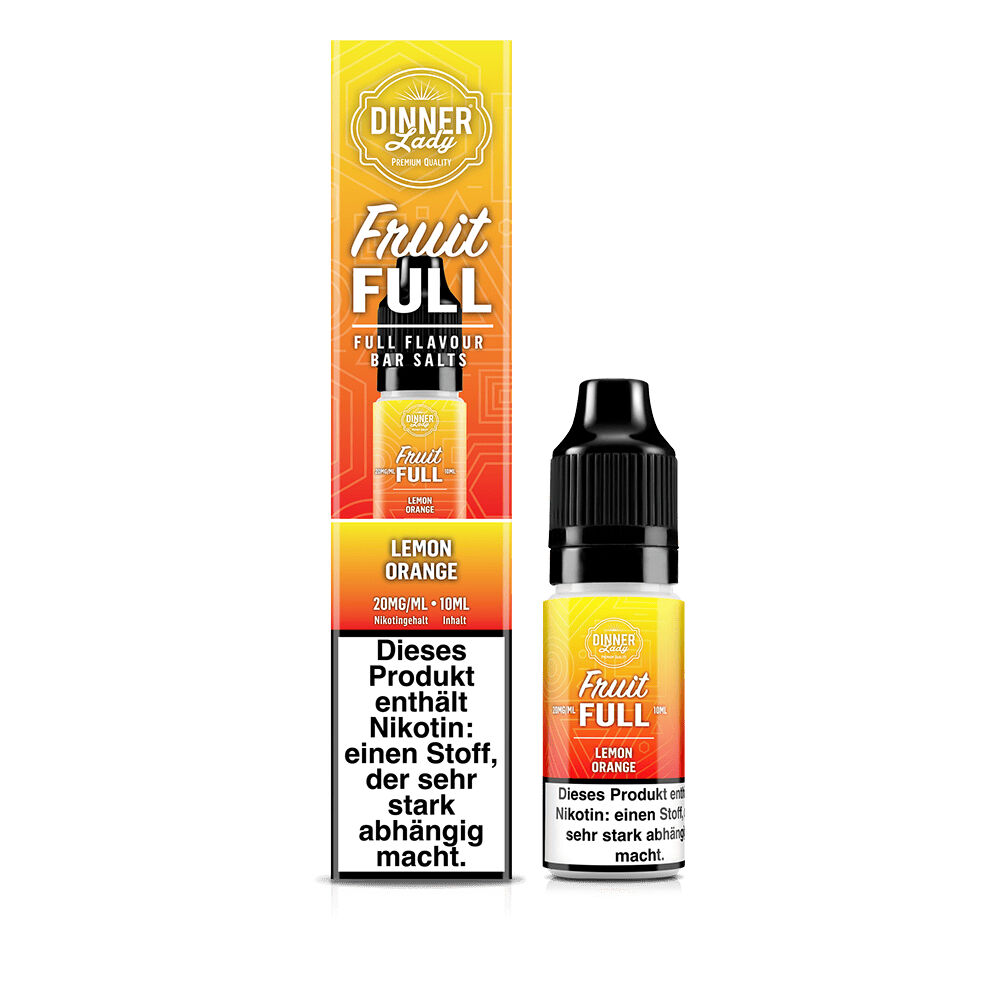Dinner Lady Fruit Full Nikotinsalz - Lemon Orange Dinner Lady Fruit Full Nikotinsalz Lemon Orange 20mg mit Flasche und Verpackung, enthält Nikotin, das stark abhängig macht
