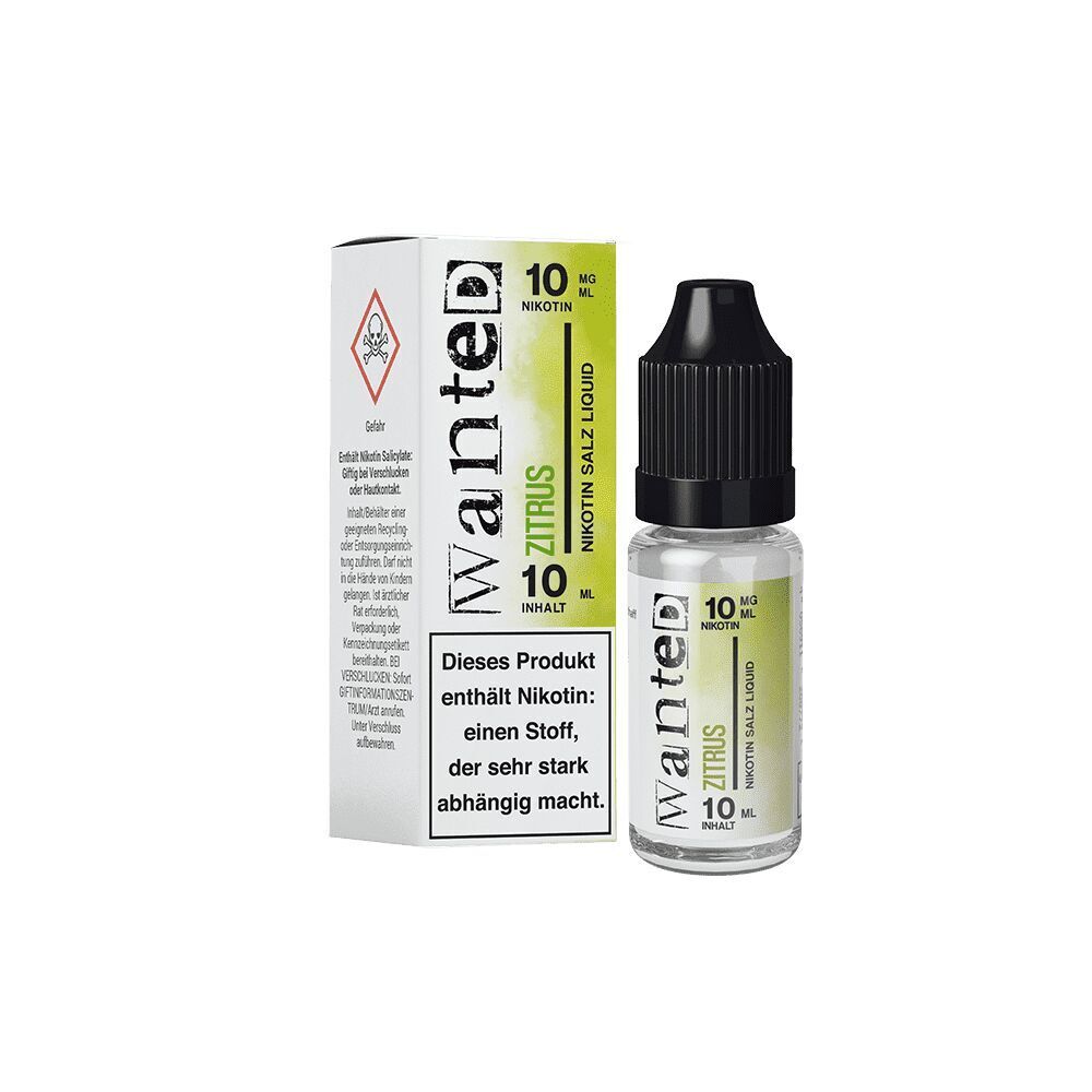 Liquid Zitrus mit 10mg Nikotin von Wanted Flasche und Verpackung von Wanted Nikotinsalz Zitrus 10mg, Hinweis auf Nikotingehalt und Abhängigkeit, schwarz-weiße Gestaltung mit grünem Akzent.