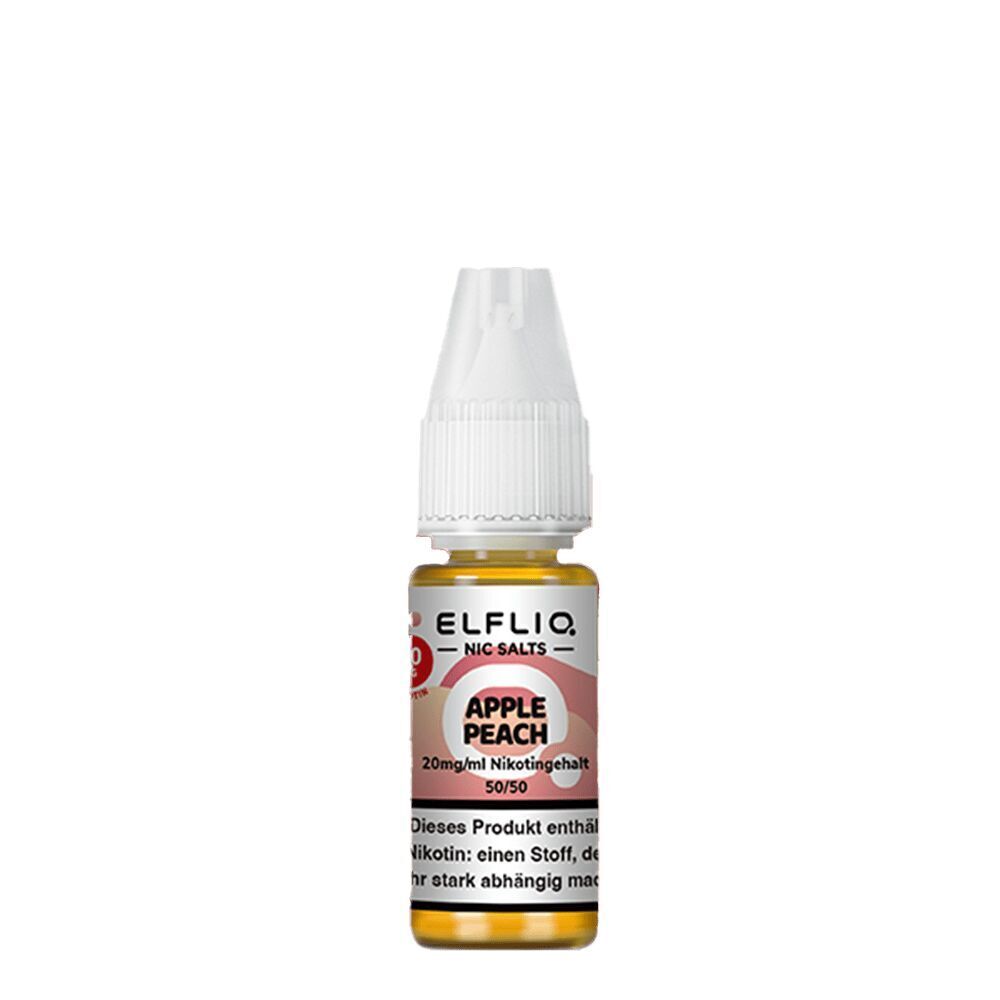Elfliq Nikotinsalz - Apple Peach 20mg Flasche Elfliq Nikotinsalz mit Apple Peach 20mg/ml Nikotingehalt, weißer Deckel, Produktwarnung auf der Vorderseite