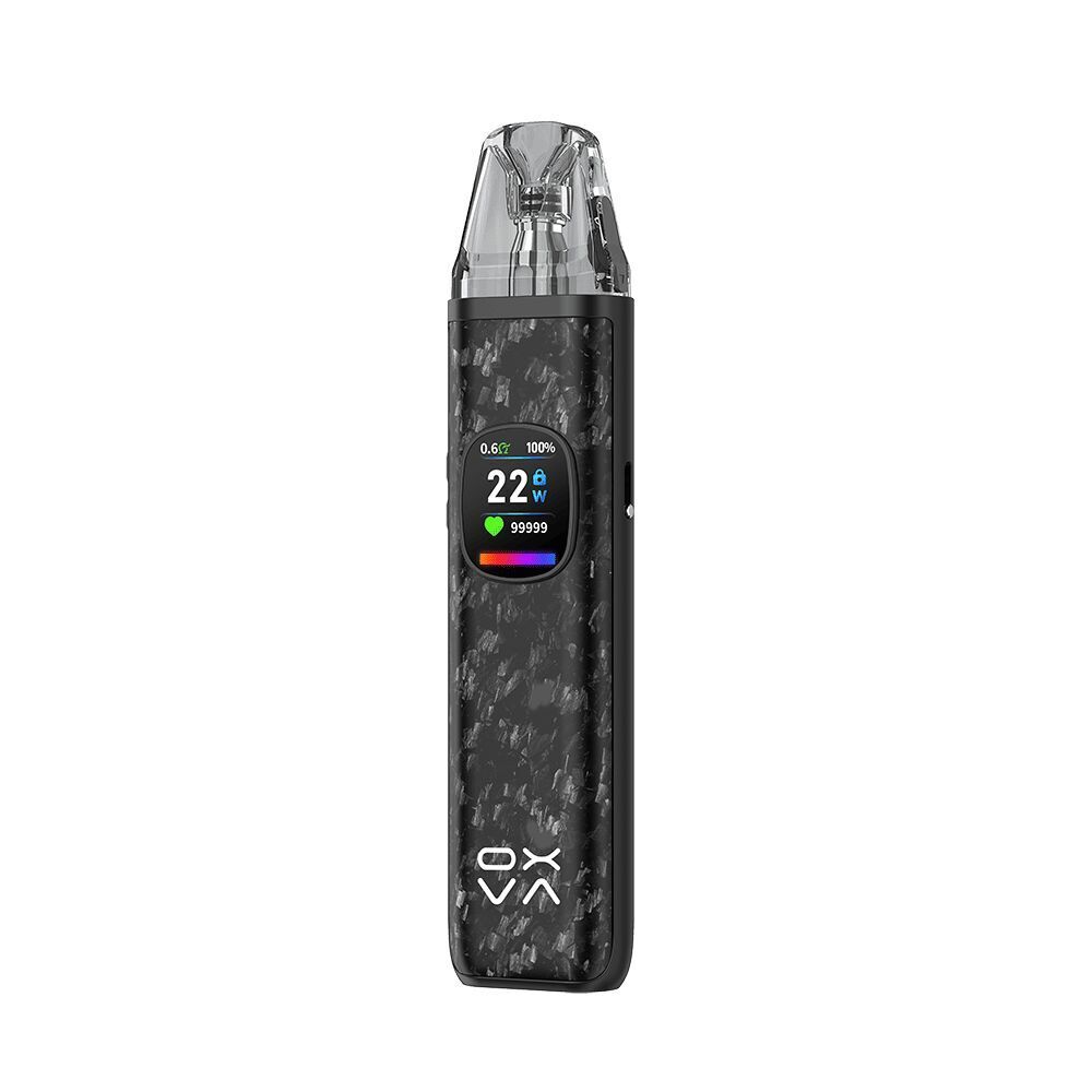 Oxva Xlim Pro 2 DNA Pod Kit - Luminous Forged Carbon Fiber Oxva Xlim Pro 2 DNA Pod Kit in grauem Design mit sichtbarem Display, das 22 Watt anzeigt, und Oxva-Logo am unteren Ende.