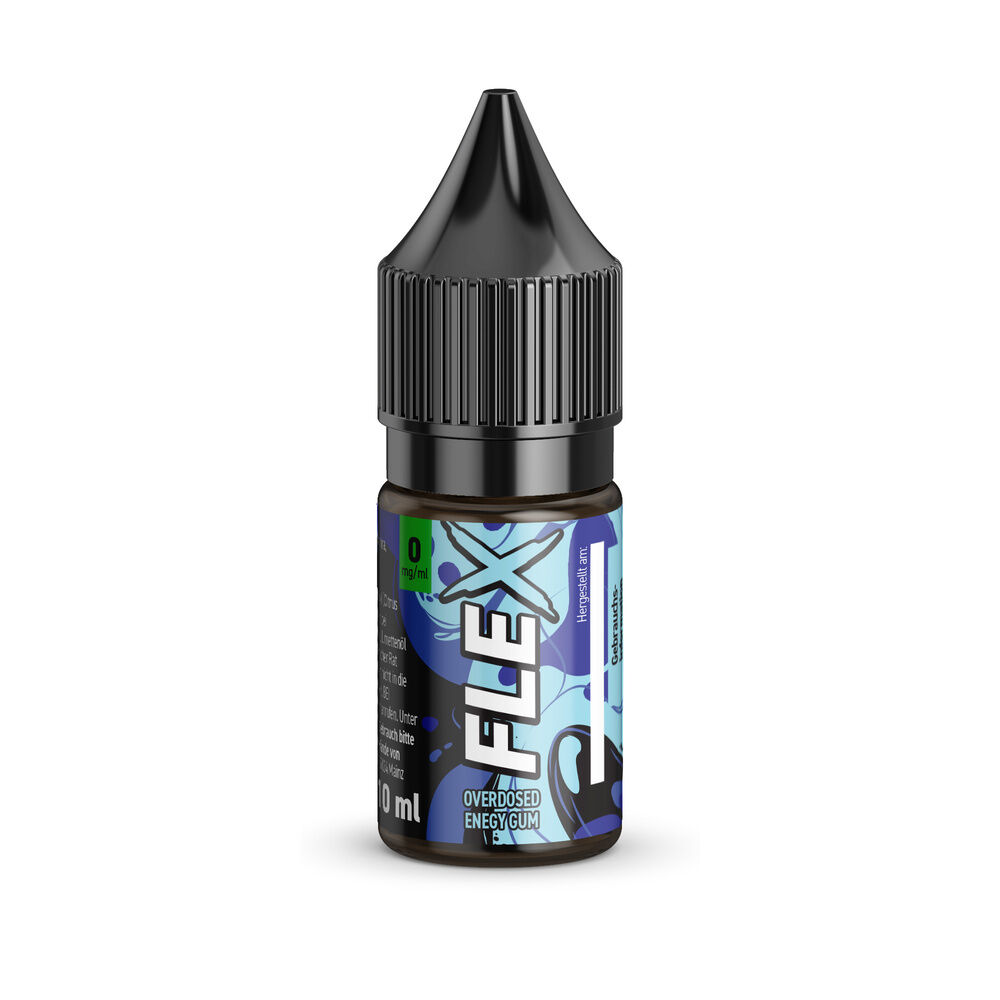 revoltage-flex-liquid-energy-gum-0mg_2 Revoltage Flex Liquid Energy Gum in einer kleinen Flasche mit schwarzem Verschluss und blauer, textbeschrifteter Etikettierung.