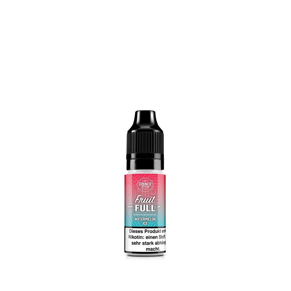 E-Liquid Flasche von Dinner Lady, Nikotinsalz, 10mg, Watermelon Ice, rosafarbenes Etikett mit schwarzem Verschluss
