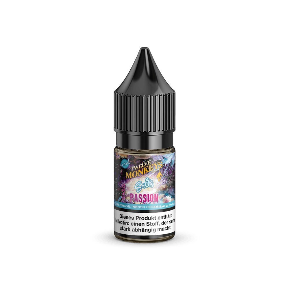 Liquid Passion 20mg - Twelve Monkeys Nikotinsalz-Flasche von Twelve Monkeys mit der Aufschrift Salts Passion, schwarzer Deckel, Warnhinweis über Nikotinsucht.