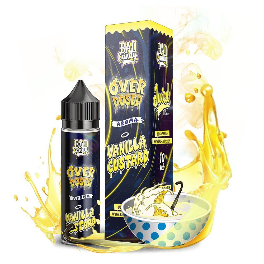 Aroma Vanilla Custard - Bad Candy Overdosed Flasche und Verpackung von Bad Candy Aroma Vanilla Custard Overdosed, mit Schalenmotiven und gelber Flüssigkeit im Hintergrund.