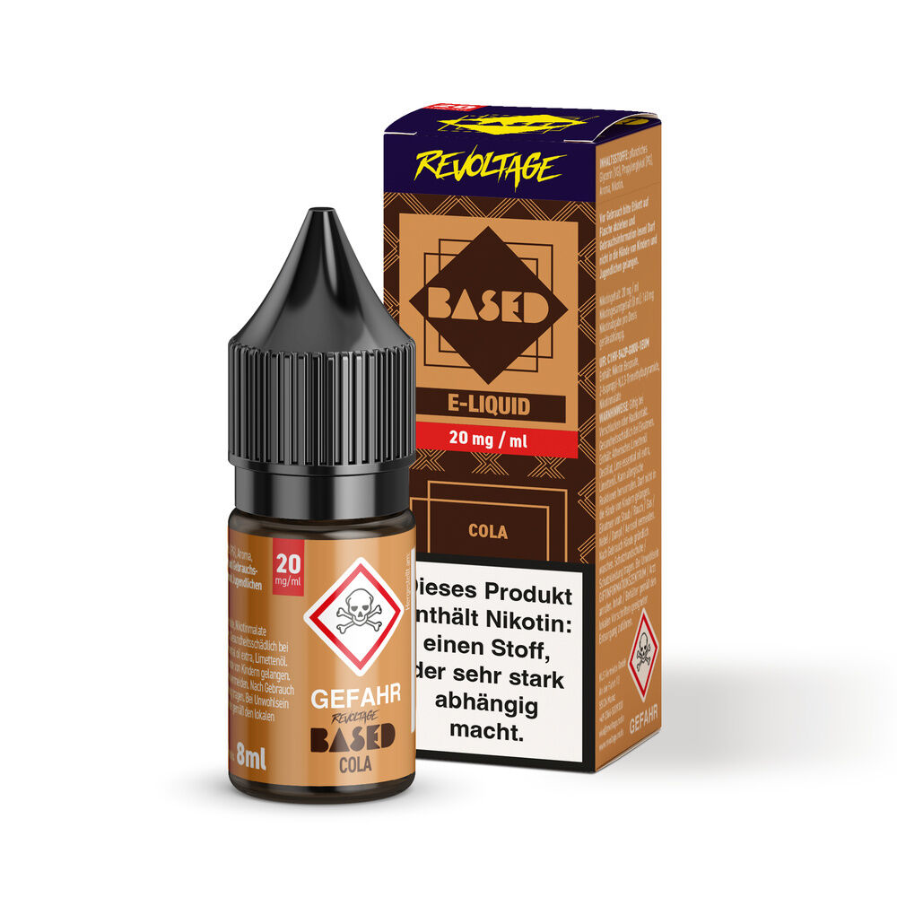E-Liquid-Flasche und Verpackung mit Revoltage Based Branding, Cola-Geschmack, 20mg Nikotin, Warnhinweise auf Etikett sichtbar