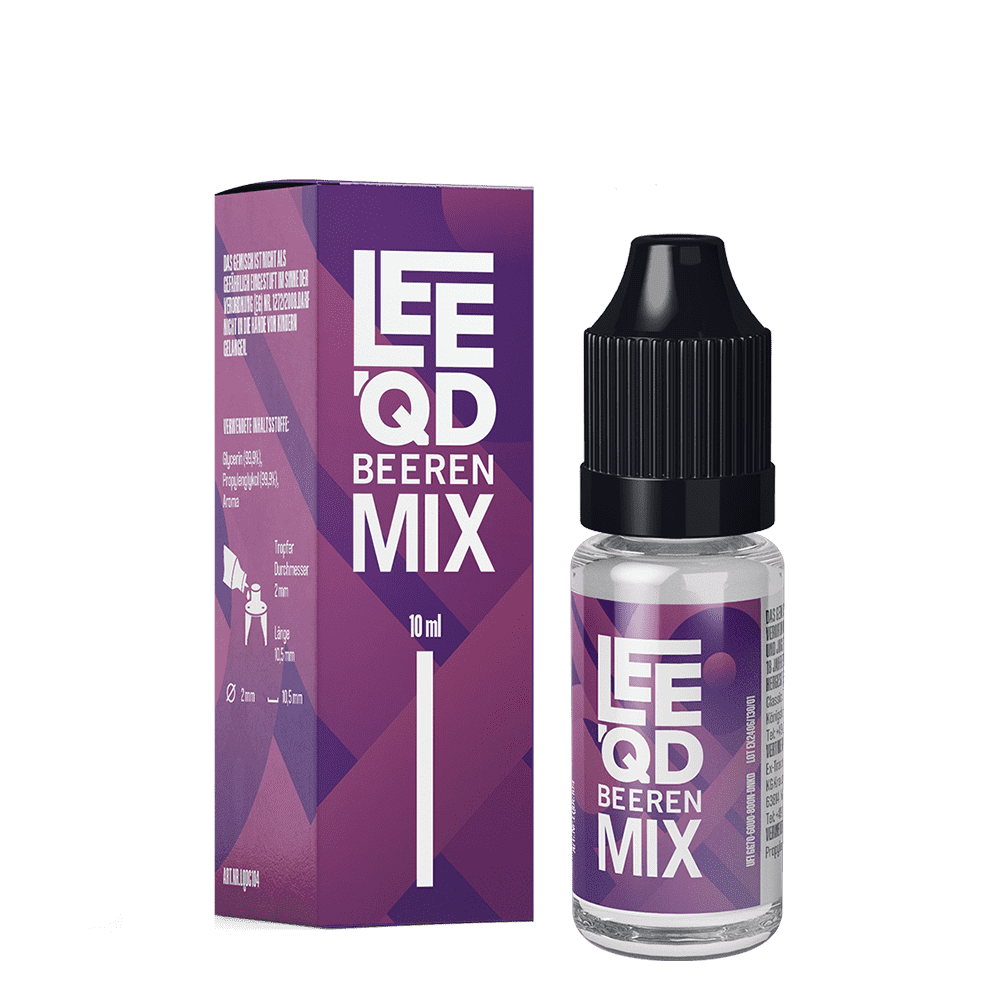 Liquid Crazy Beeren Mix - Leeqd Liquidflasche und Verpackung des Liquid Crazy Beeren Mix von Leeqd, mit lila Farbdesign und weißem Text, 10 ml Inhalt