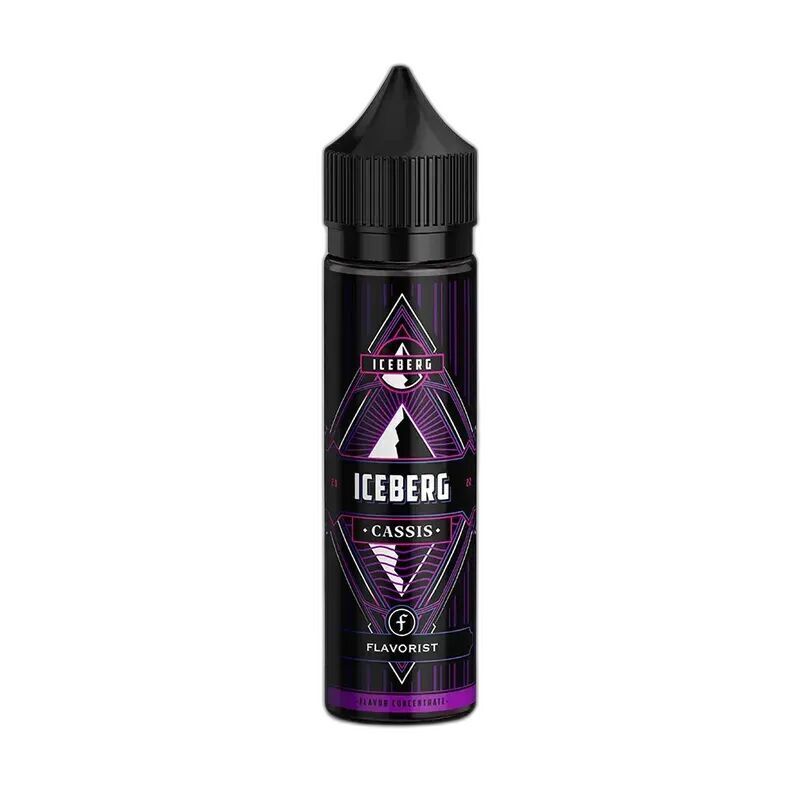 Aroma Iceberg Cassis in von Flavorist Flasche Flavorist Aroma Iceberg Cassis mit schwarzem Verschluss, violetten Details und geometrischem Design auf dunklem Hintergrund