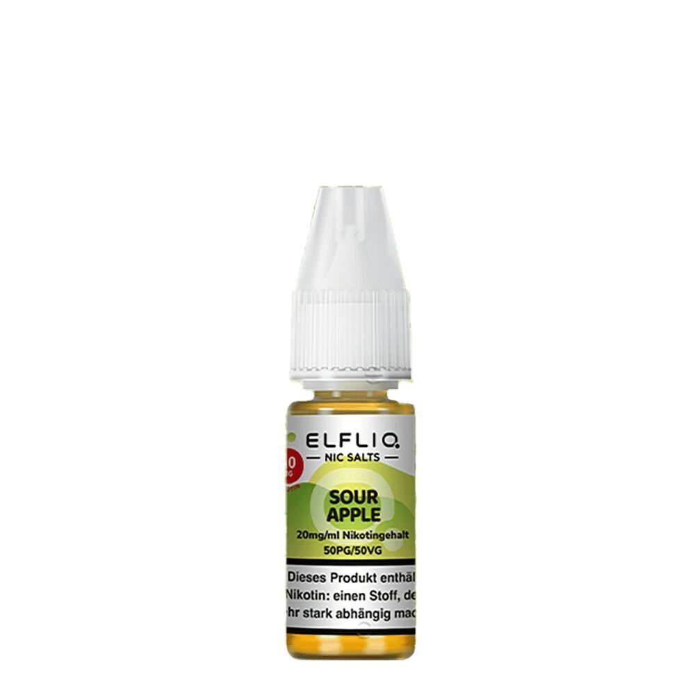 Elfliq Nikotinsalz - Sour Apple 20mg Elfliq Nikotinsalz Sour Apple Flasche mit weißem Verschluss, 20mg/ml Nikotingehalt, 50PG/50VG, Warnhinweis auf Etikett sichtbar