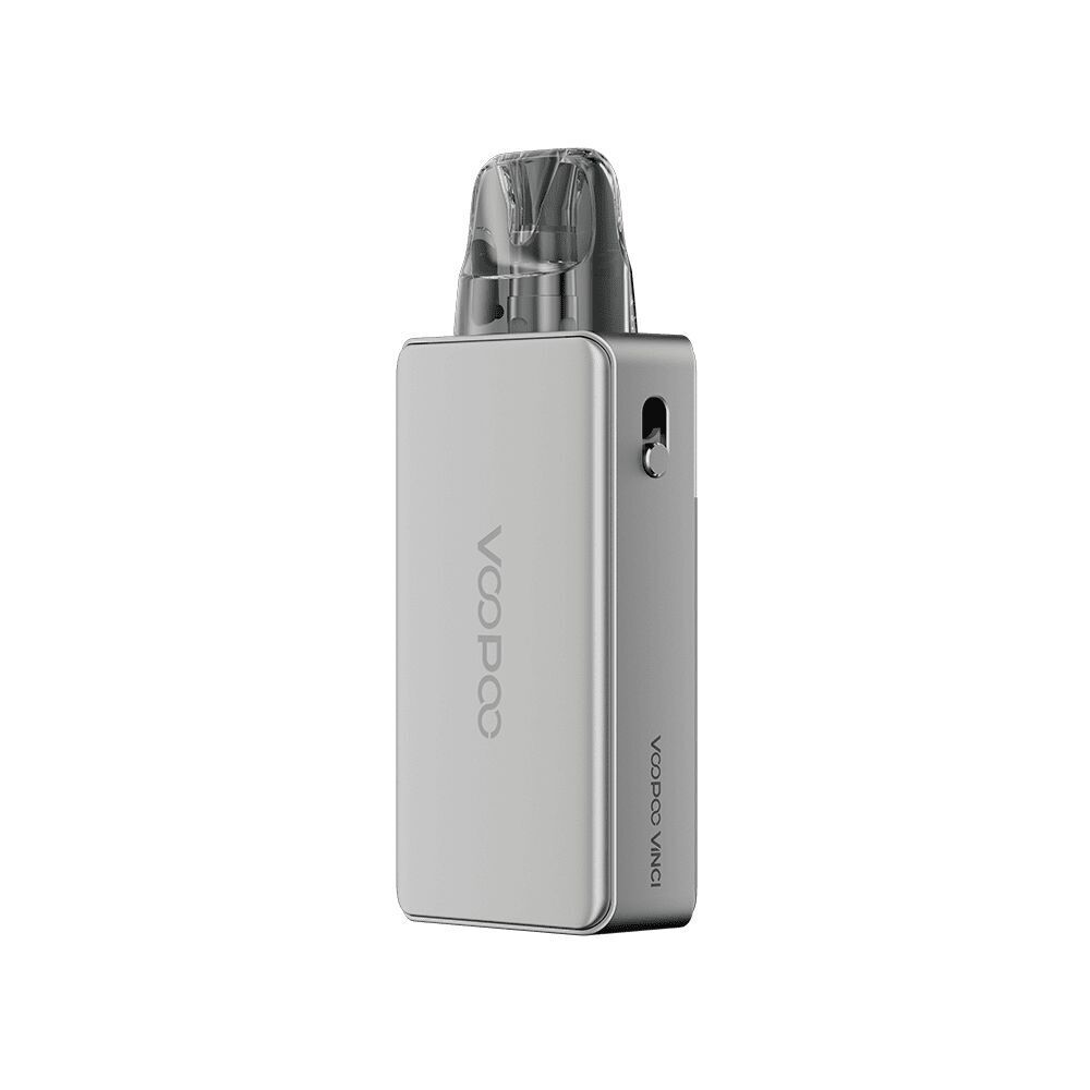 Voopoo Vinci E120 Pod Kit - Glow Silver Voopoo Vinci E120 Pod Kit in Glow Silver mit transparentem Mundstück, seitlichem Schriftzug „Voopoo Vinci“ und seitlichem Knopf.