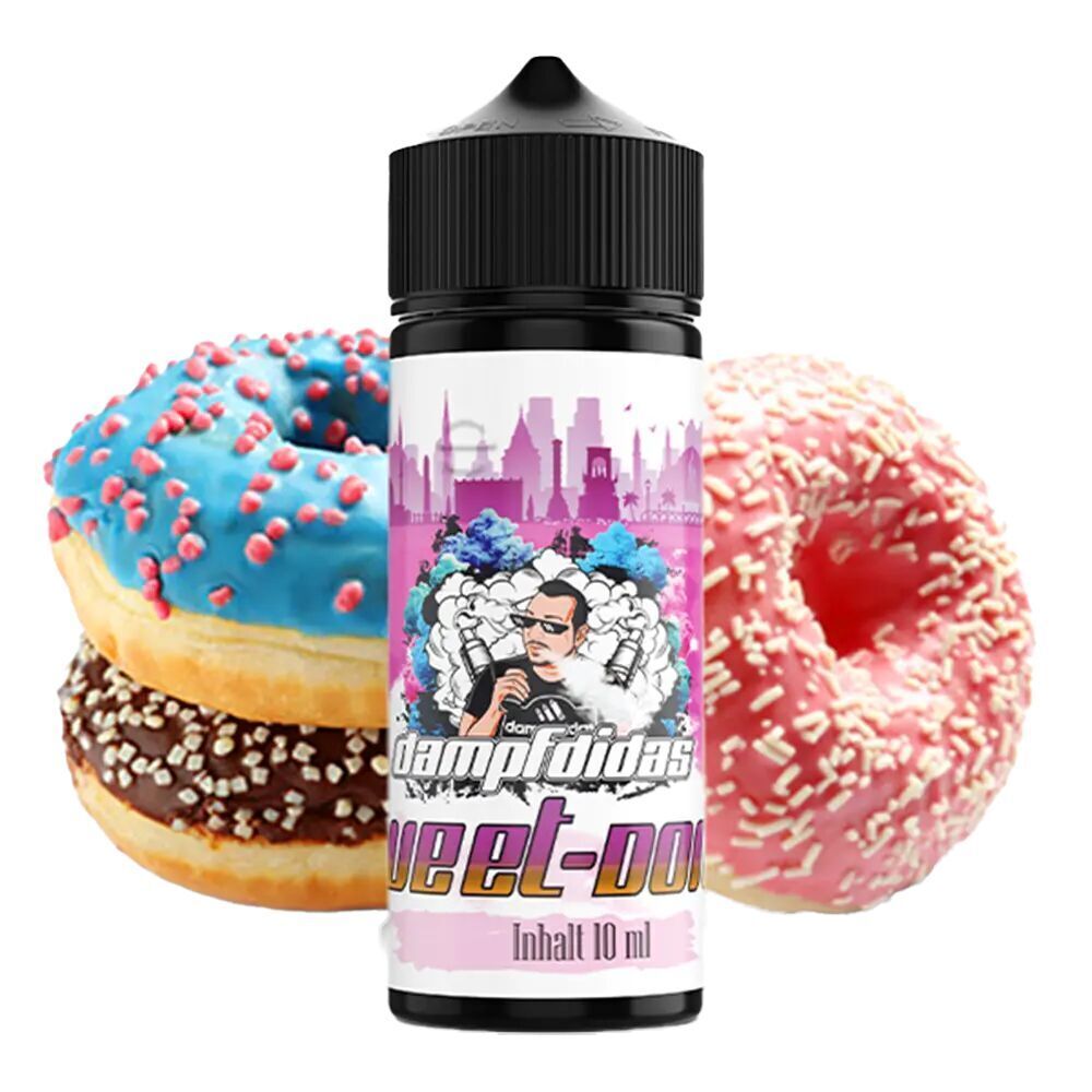 Aroma Sweet Donut von Dampfdidas E-Flasche mit Dampfdidas Aroma Sweet Donut, umgeben von Donuts mit blauem Zuckerguss und roten Streuseln, und einem mit rosa Glasur.