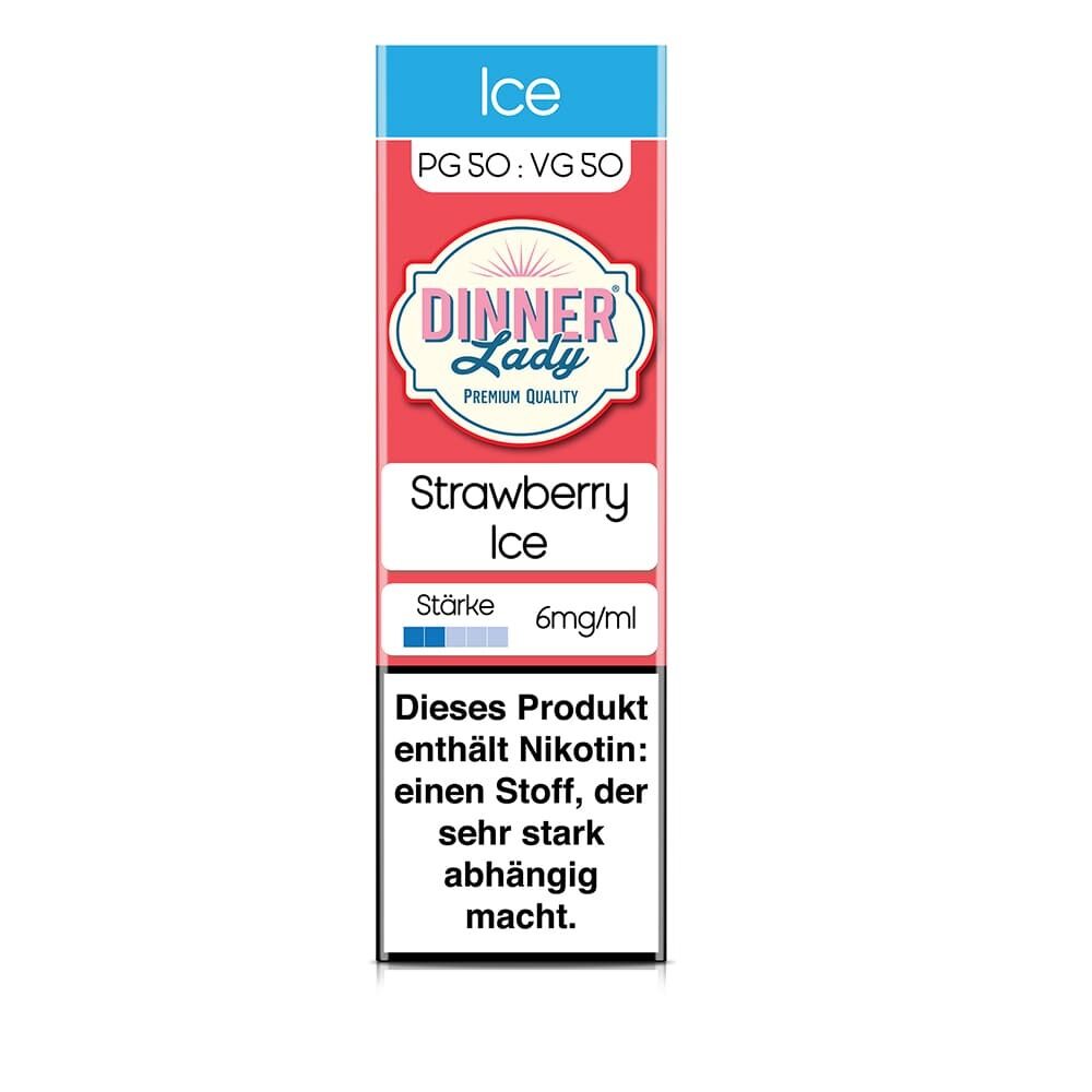 Dinner Lady Premium Liquid Strawberry Ice 6mg mit Nikotinwarnung, Stärkeanzeige und PG/VG-Verhältnis auf farbiger Verpackung.