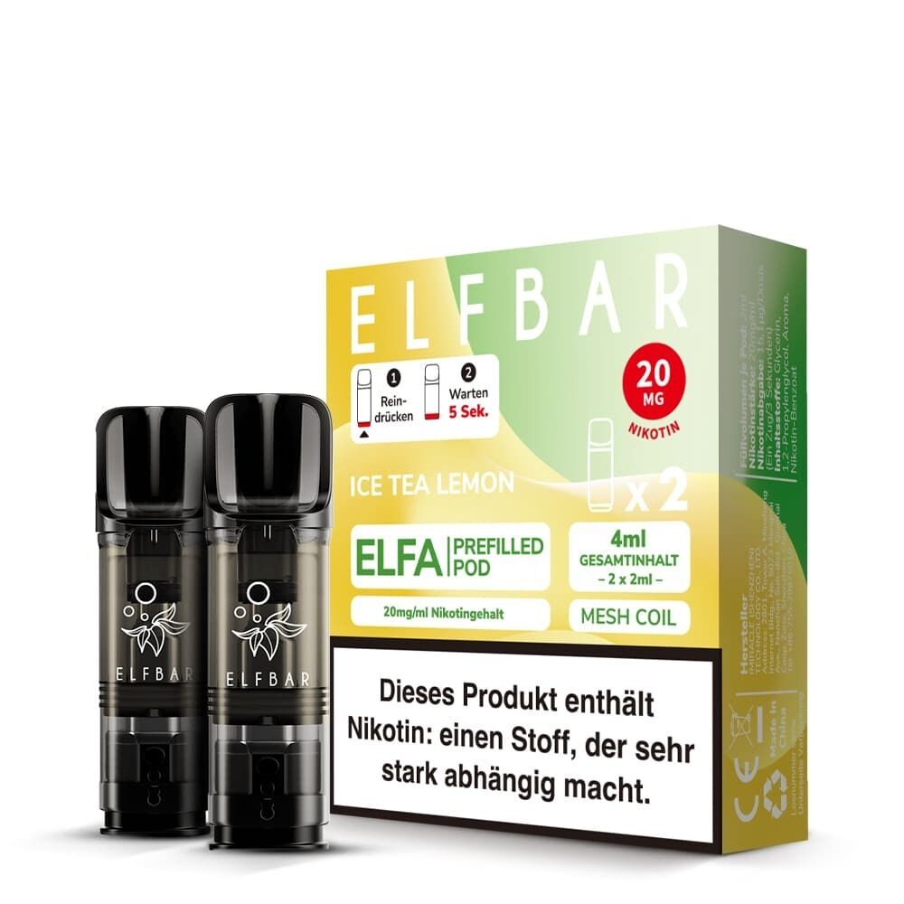 ELB553 Elfbar ELFA Pods - Ice Tea Lemon 20mg, zwei schwarze vorgefüllte Pods und Verpackung mit Warnhinweis über Nikotinsuchtgefahr.