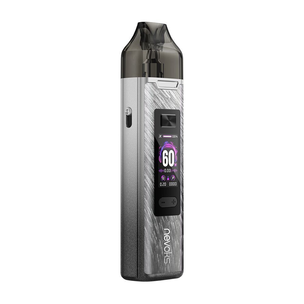 Nevoks Feelin XR Pro Pod Kit - Misty Grey Nevoks Feelin XR Pro Pod Kit in Misty Grey mit digitalem Display, Kunststoffmundstück und sichtbarem Branding auf silberner Struktur.