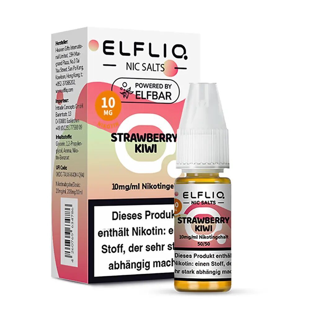 Elfliq Nikotinsalz - Strawberry Kiwi 10mg Elfliq Nikotinsalz Strawberry Kiwi 10mg Verpackung und Flasche, pinkes Label mit 10mg Nikotingehalt, Warnhinweise sichtbar.