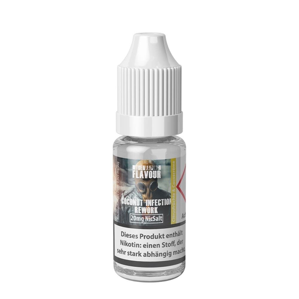 Coconut Infection Rework 20mg - The Vaping Flavour Nikotin-Flasche "The Vaping Flavour Coconut Infection Rework" 20mg, Warnhinweis auf Etikett, weiße Kappe, transparentes Design