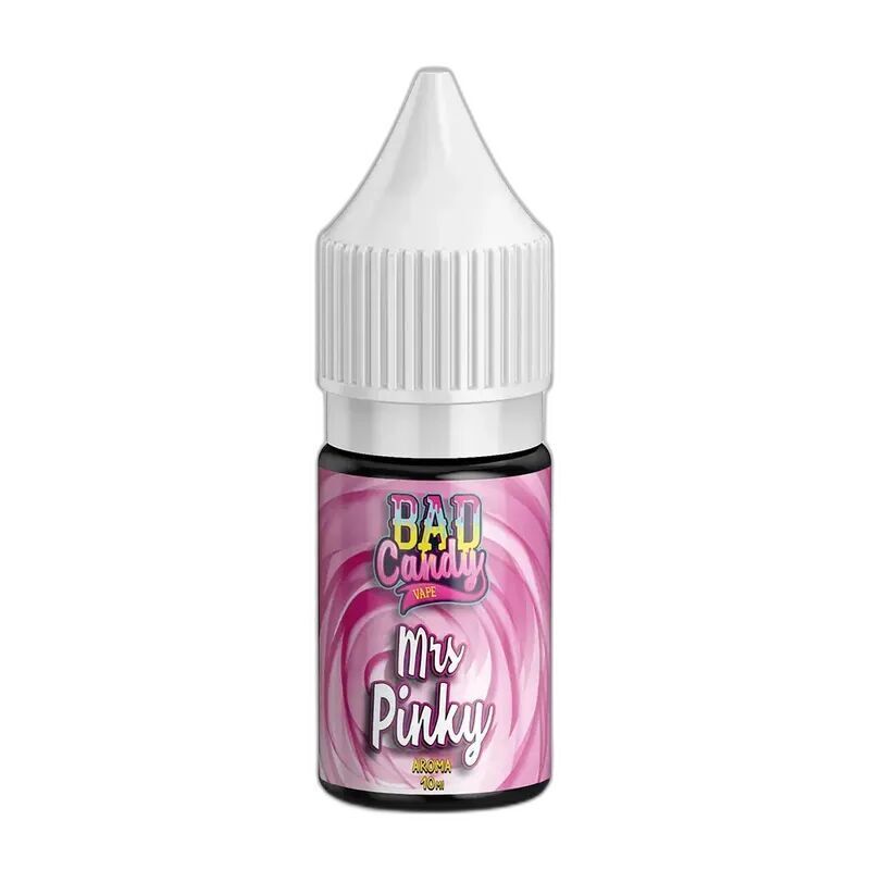 Bad Candy Aroma Mrs Pinky Flasche mit rosa Wirbelmuster auf dem Etikett und weißem Verschluss