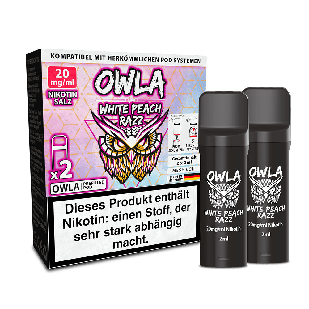 Owla Pods - White Peach Razz 20mg Owla Pods White Peach Razz 20mg, zwei schwarze Pods neben Verpackung mit Eulenmotiv und Nikotin-Warnhinweis