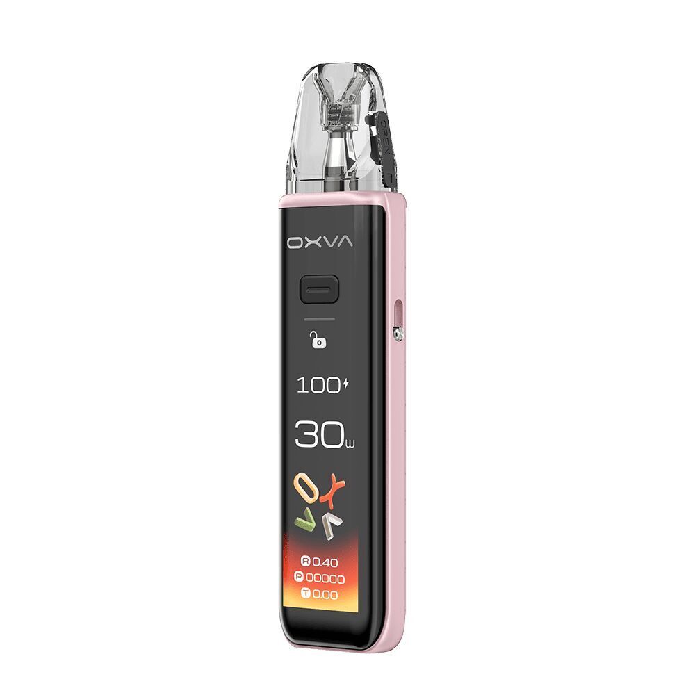 Oxva Xlim 3 Ultra Pod Kit - Cherry Pink Oxva Xlim 3 Ultra Pod Kit in Cherry Pink mit schwarzem Display zeigt 100+ und 30W, darunter farbige Symbole und Zahlen in Weiß und Rot