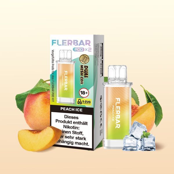 Peach lce 20mg - Flerbar Pods Flerbar Pods Peach Ice 20mg Verpackung mit Pod, Pfirsichen, Eiswürfeln und Warnhinweis zu Nikotingehalt.
