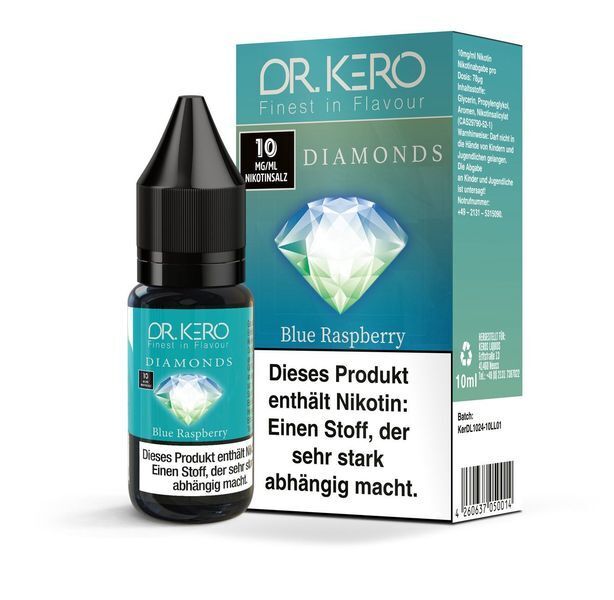 Liquid Blue Raspberry mit 10mg Nikotin von Dr. Kero Diamonds v2 Dr. Kero Diamonds v2 Nikotinsalz Blue Raspberry 10mg Flasche und Verpackung, enthält Nikotin, 10ml, mit markantem Diamantenmotiv.