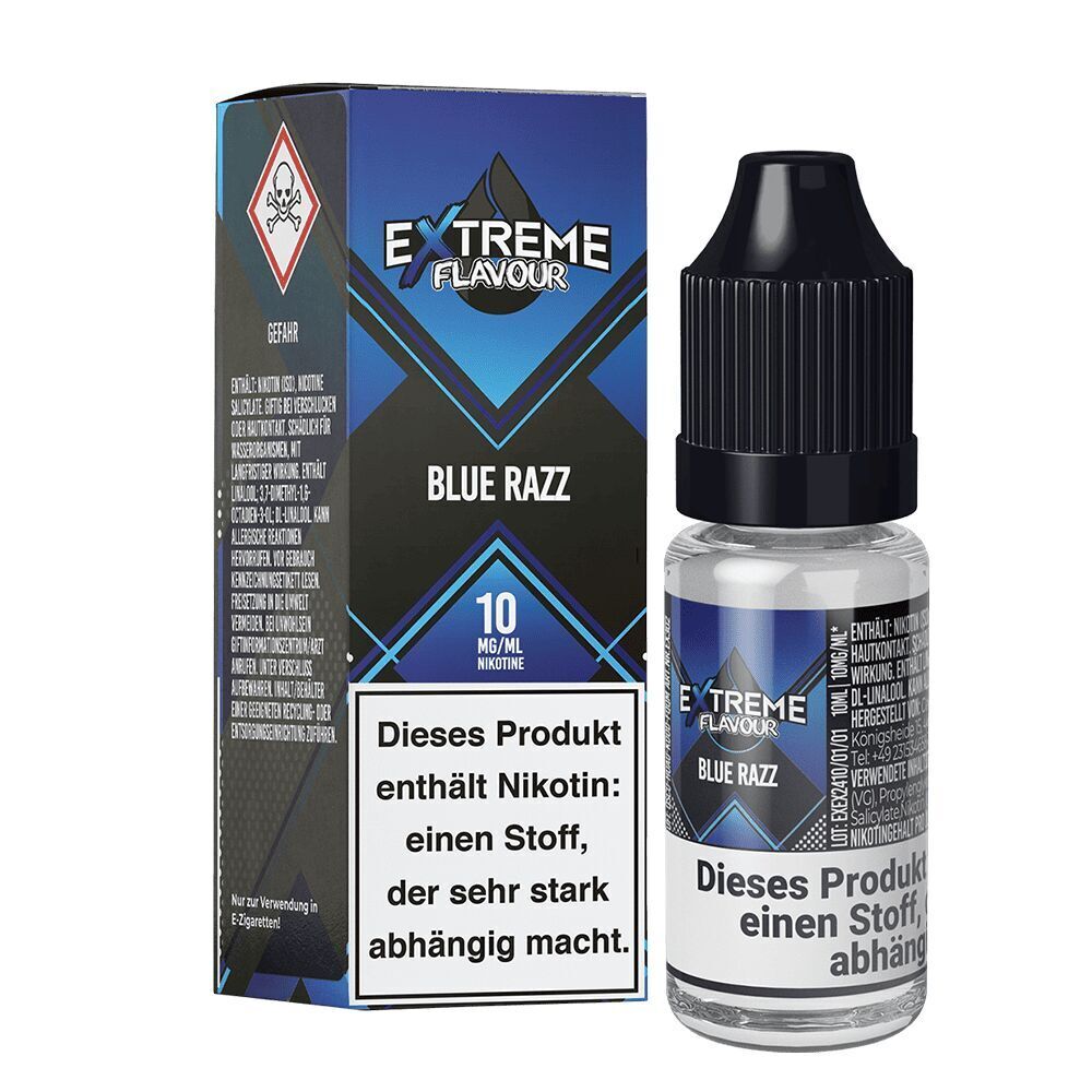 Liquid Blue Razz Lemonade 10mg - Extreme Flavour Flasche und Schachtel Extreme Flavour Nikotinsalz Blue Razz Lemonade, 10 mg/ml Nikotin, Warnhinweis zur Abhängigkeit