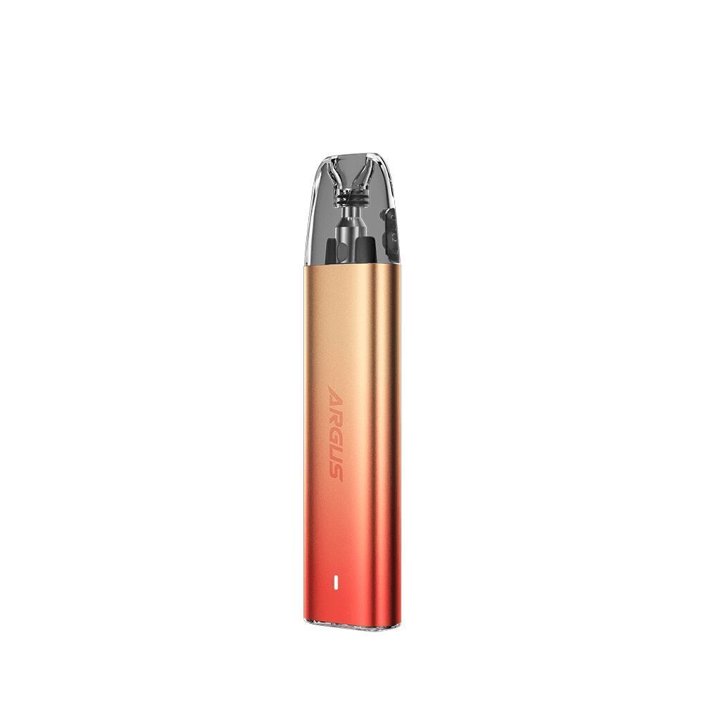 Voopoo Argus G2 Mini Pod Kit in einem Farbverlauf von Orange zu Rot, mit transparentem Mundstück und sichtbarem ARGUS-Logo.
