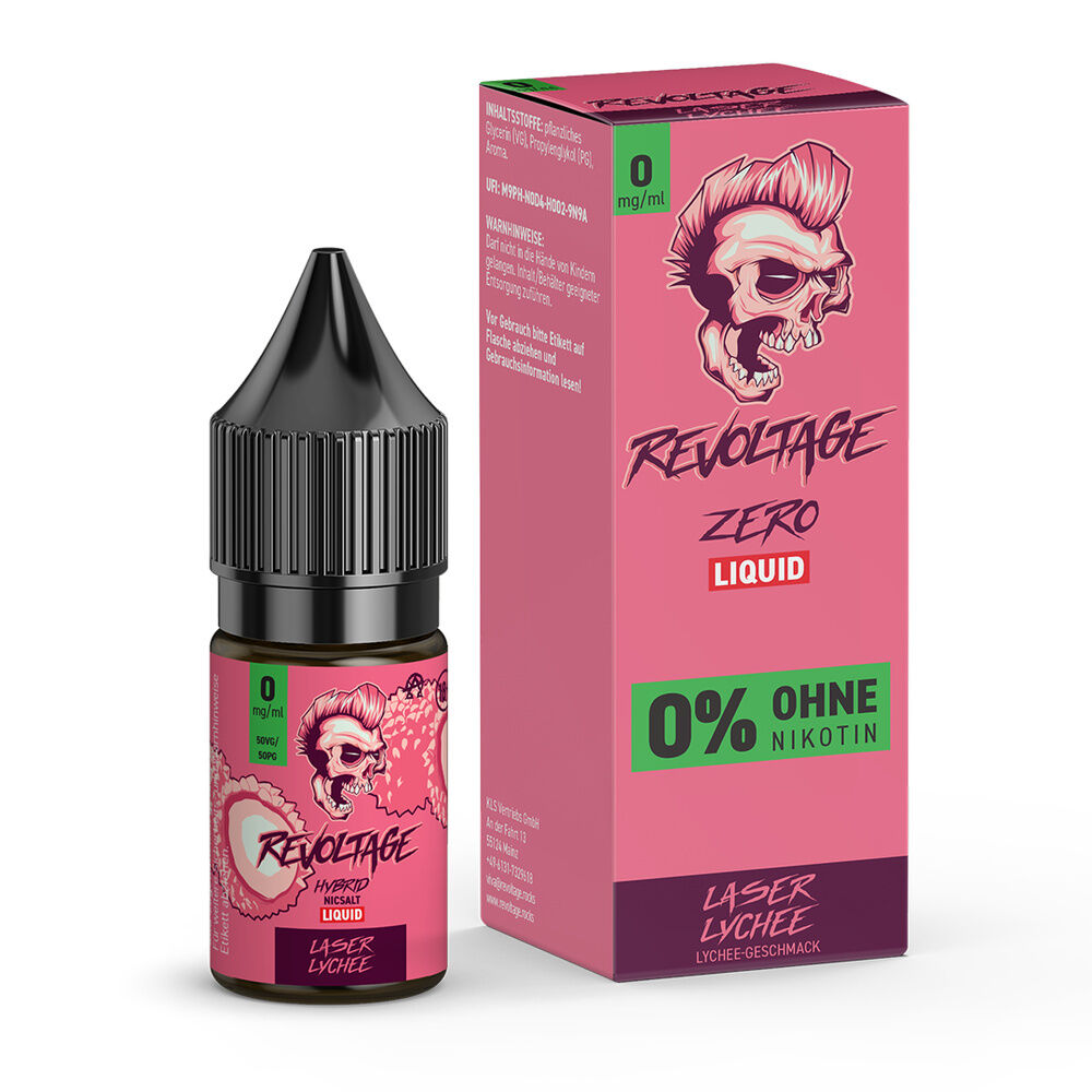 Revoltage Hybrid Liquid - Laser Lychee Revoltage Hybrid Liquid Flasche und Verpackung in Pinktönen mit Laser Lychee Geschmack, 0 mg/ml Nikotin, Totenkopf-Design.