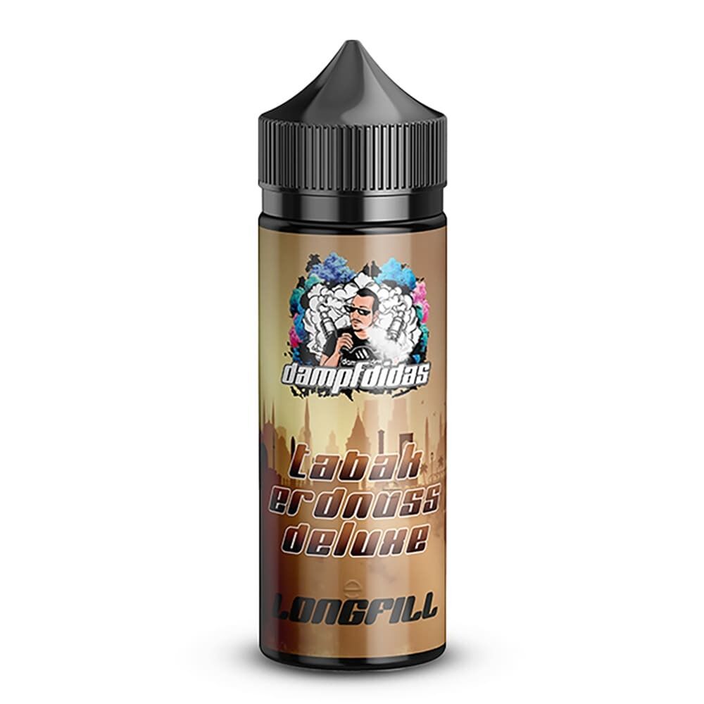 Aroma Tabak Erdnuss Deluxe - Dampfdidas Dampfdidas Aroma Flasche mit Tabak Erdnuss Deluxe Design und schwarzem Deckel, bunte Illustration eines Mannes auf dem Etikett.