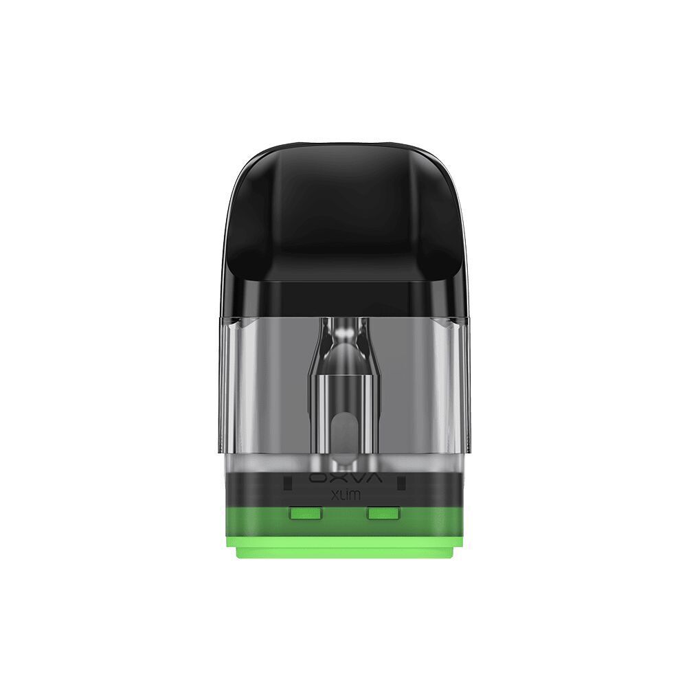 Oxva Xlim EZ Pod mit Coil, 1,2 Ohm Widerstand, transparentes Gehäuse mit schwarzem oberem Teil und grüner Basis, Branding sichtbar