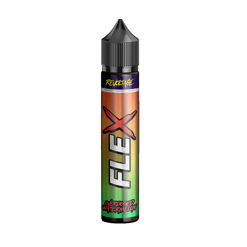 Revoltage Flex Longfill Aroma in einer schwarz-grünen Flasche mit schwarzem Deckel und großem "FLEX X" Schriftzug, Geschmack Overdosed Watermelon