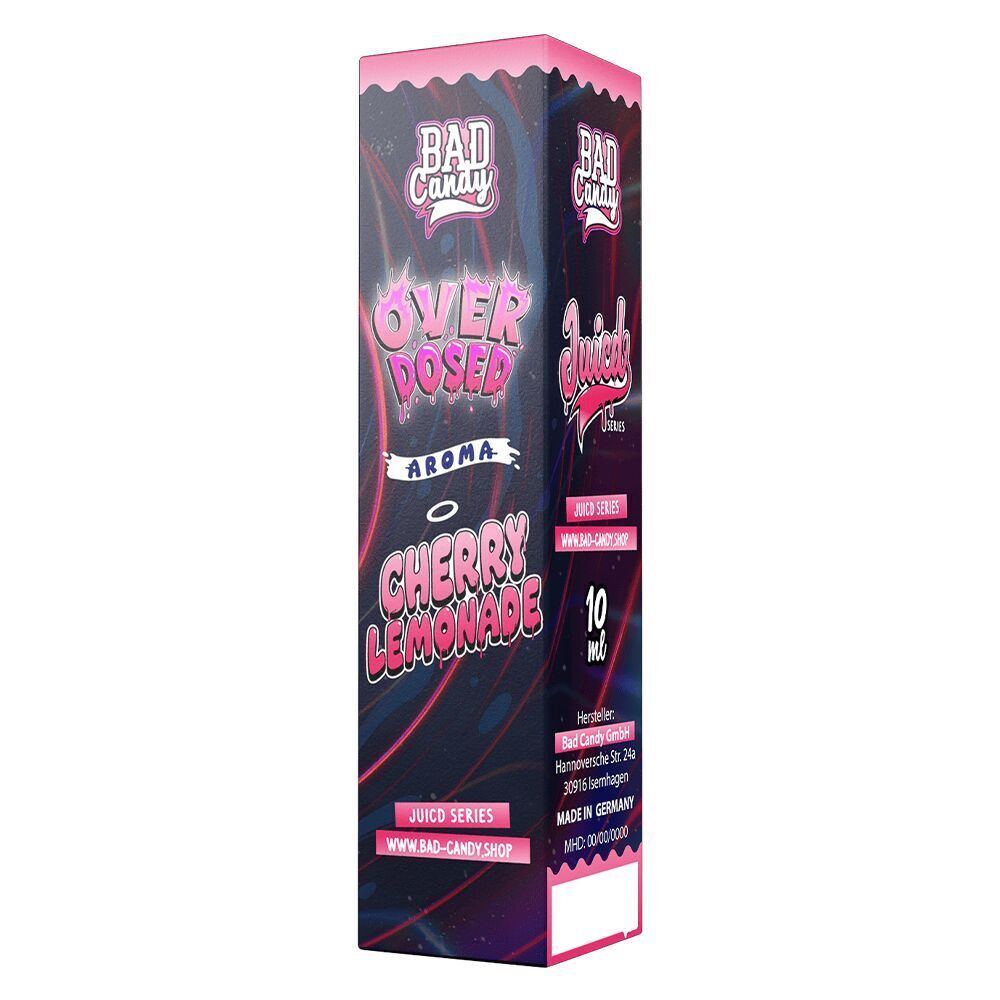 Aroma Cherry Lemonade - Bad Candy Overdosed Verpackung von Bad Candy Aroma Cherry Lemonade Overdosed, zeigt bunte Grafiken und Markenlogos auf der Schachtel mit 10 ml Inhalt.