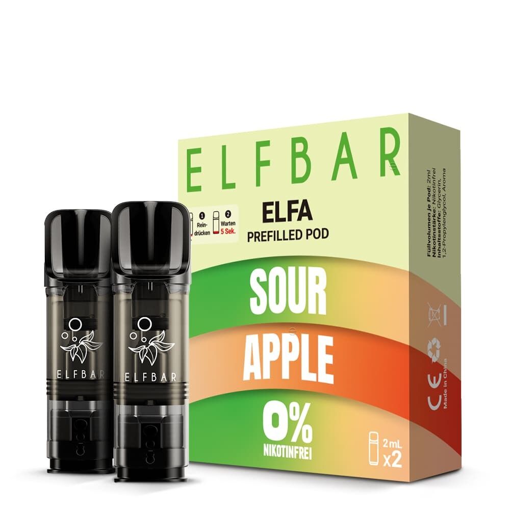 ELB565 Elfbar ELFA Pods Sour Apple 0mg, zwei schwarze Pods mit Branding, Verpackung in Gelb-Orange-Grün mit Text Sour Apple und 0% Nikotinfrei