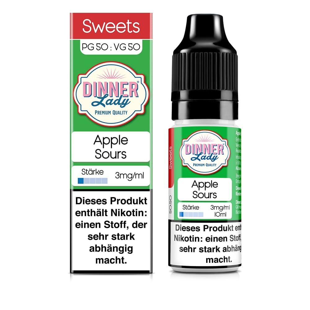 Liquid Apple Sours von Dinner Lady Dinner Lady Apple Sours E-Liquid Flasche und Verpackung mit Warnhinweis über Nikotinabhängigkeit, grün und rot gestaltet
