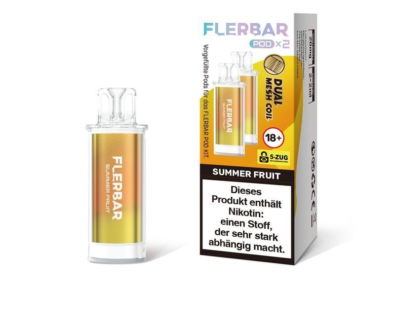 Summer Fruit 20mg - Flerbar Pods Flerbar Pods Summer Fruit 20mg Verpackung und Pod mit Warnhinweis zu Nikotinabhängigkeit und Dual Mesh Coil Feature