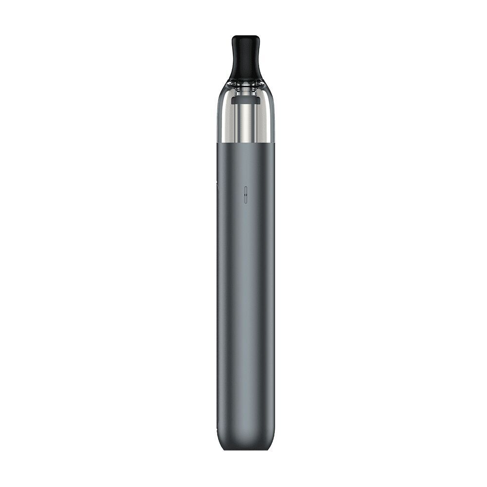 Vaporesso Eco One Pod Kit in Stellar Silver, länglich und schlank mit sichtbarem Mundstück und durchsichtigem oberen Segment