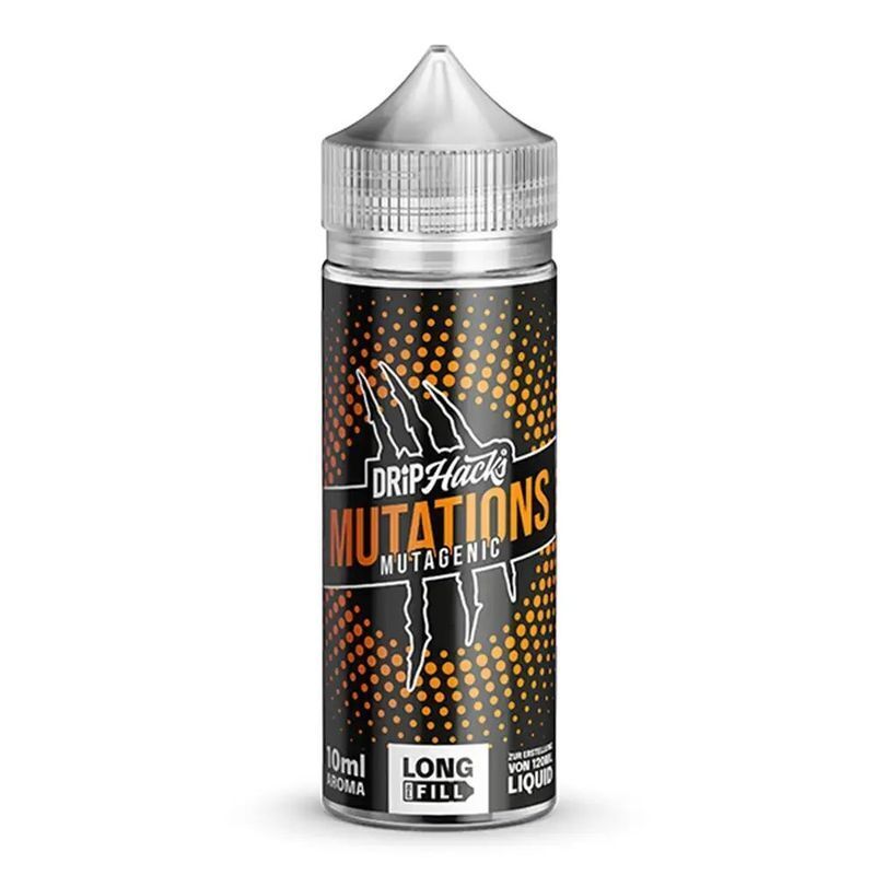Aroma Mutations Mutagenic von Drip Hacks Drip Hacks Aroma Mutations Mutagenic in einer 120-ml-Flasche mit griffigem Design und orangefarbenen Punktmustern auf dem Etikett