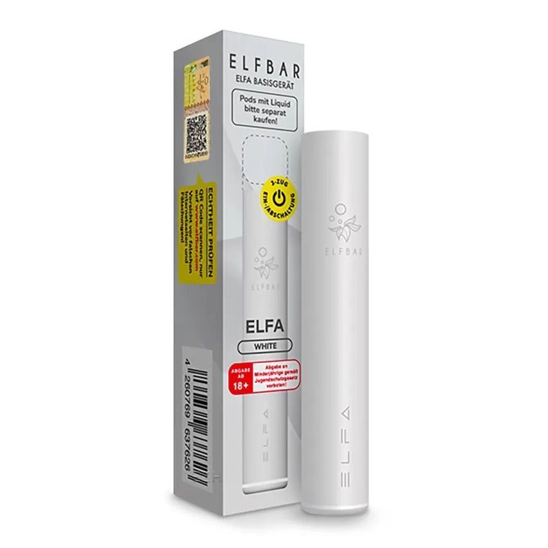 Elf Bar Elfa Prefilled Pod Kit in der Farbe White Elfbar ELFA Akku in Weiß neben der Produktverpackung, darauf Markenzeichen und Hinweise wie "Abgabe ab 18 Jahren" sichtbar.