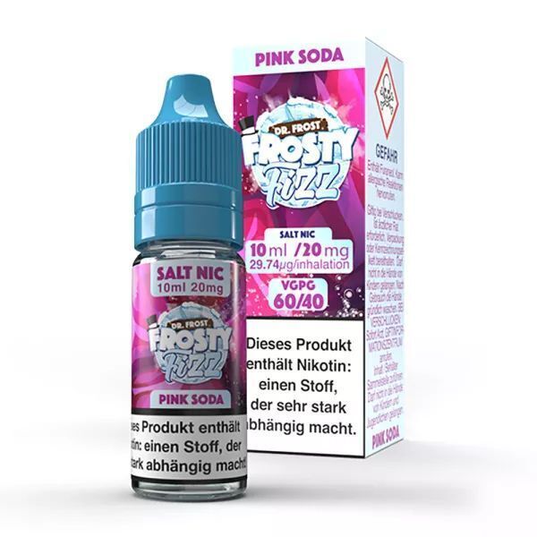 Liquid Pink Soda Ice mit 20mg Nikotin von Dr. Frost Flasche Dr. Frost Pink Soda Ice Nikotinsalz 20mg neben Verpackung, mit Warnhinweis, pinker Hintergrund und blauem Deckel